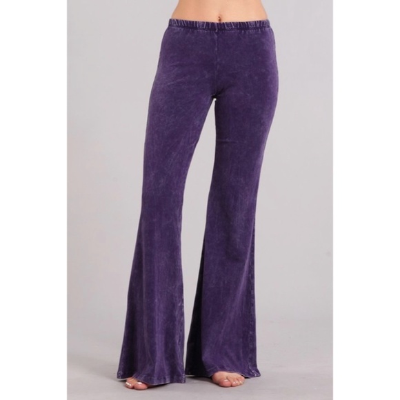 SOLD OUT Grape Purple Boho Mineral Wash Stretch Flared Bell Bottom Casual Pants - Picture 2 of 6